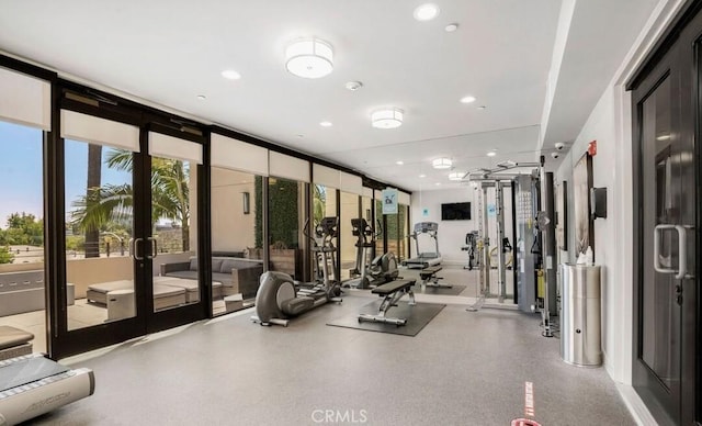 447 N Doheny Dr Unit 104, Beverly Hills, CA 90210 - gym featuring recessed lighting and floor to ceiling windows
