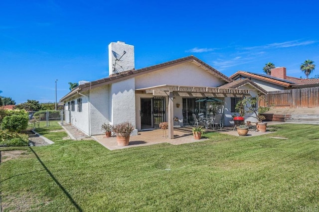 5420 Mirar Ct, Bonita, CA 91902 - back of house featuring a pergola, a fenced backyard, stucco siding, a patio, and a chimney