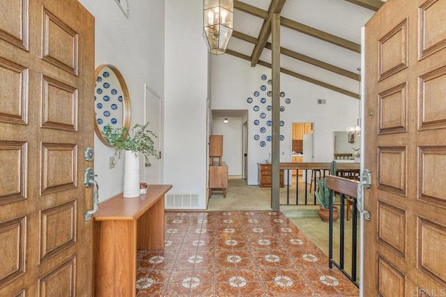 5420 Mirar Ct, Bonita, CA 91902 - foyer with beamed ceiling, high vaulted ceiling, carpet, and tile patterned flooring