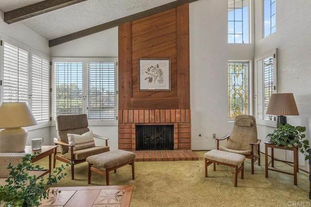 5420 Mirar Ct, Bonita, CA 91902 - carpeted living room with high vaulted ceiling, a brick fireplace, and a textured ceiling
