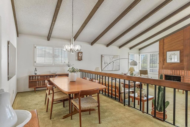 5420 Mirar Ct, Bonita, CA 91902 - dining room with light colored carpet, a chandelier, a textured ceiling, and a brick fireplace