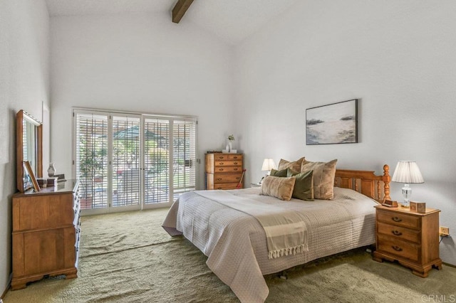 5420 Mirar Ct, Bonita, CA 91902 - carpeted bedroom with access to outside, beamed ceiling, and high vaulted ceiling