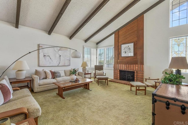 5420 Mirar Ct, Bonita, CA 91902 - carpeted living area with beamed ceiling, plenty of natural light, a textured ceiling, a brick fireplace, and high vaulted ceiling