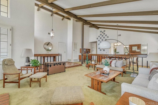 5420 Mirar Ct, Bonita, CA 91902 - living room with carpet floors, beamed ceiling, high vaulted ceiling, and a chandelier