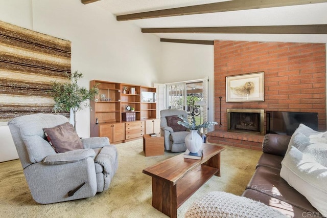 5420 Mirar Ct, Bonita, CA 91902 - carpeted living area with a brick fireplace, beamed ceiling, and high vaulted ceiling
