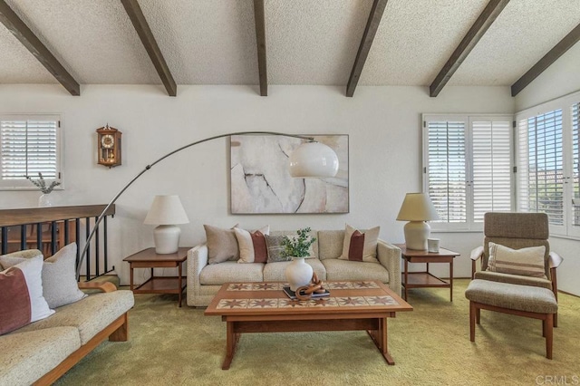 5420 Mirar Ct, Bonita, CA 91902 - living area with beamed ceiling, carpet, and a textured ceiling