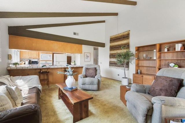 5420 Mirar Ct, Bonita, CA 91902 - living area with beam ceiling, light colored carpet, and high vaulted ceiling