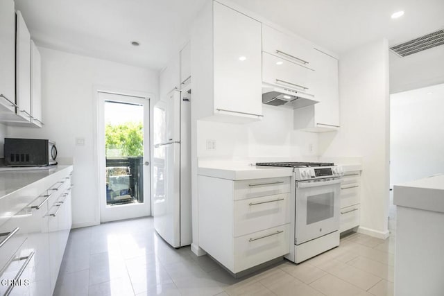 10609 Fernglen Ave, Tujunga, CA 91042 - kitchen featuring white appliances, under cabinet range hood, white cabinetry, light countertops, and recessed lighting