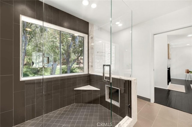 11601 Montana Ave Unit 7, Los Angeles, CA 90049 - full bath featuring a stall shower, tile patterned flooring, and recessed lighting