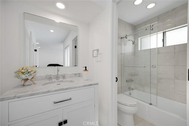 11601 Montana Ave Unit 7, Los Angeles, CA 90049 - bathroom featuring vanity, enclosed tub / shower combo, recessed lighting, and tile patterned floors
