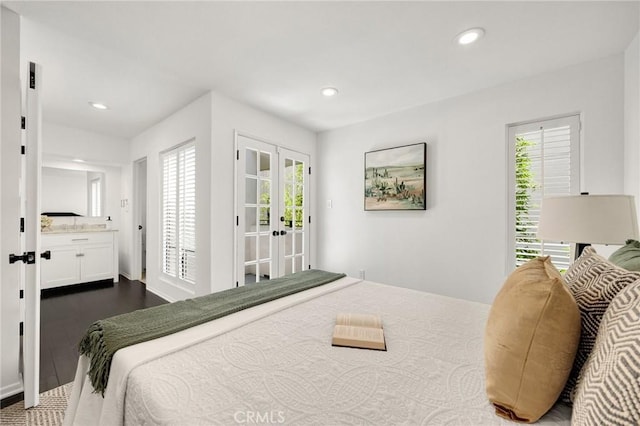 11601 Montana Ave Unit 7, Los Angeles, CA 90049 - bedroom with french doors, recessed lighting, ensuite bathroom, and dark wood-style flooring