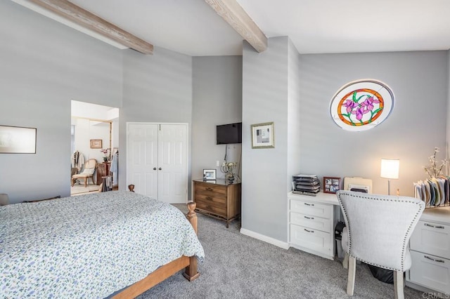 4843 Flying Cloud Way, Carlsbad, CA 92008 - bedroom featuring beamed ceiling, light carpet, high vaulted ceiling, a closet, and built in study area