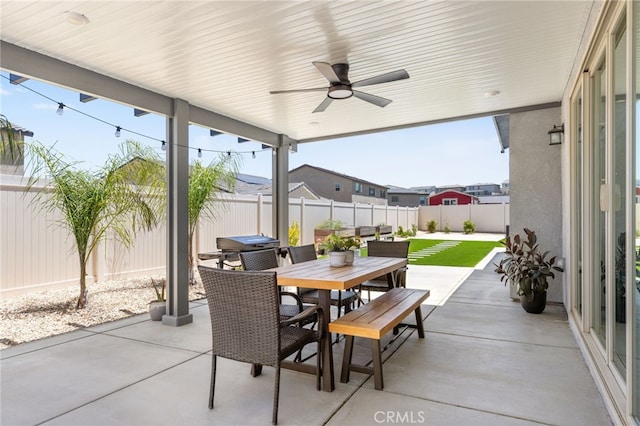 32886 Birchall Ct, Winchester, CA 92596 - fenced backyard with outdoor dining area, a patio area, ceiling fan, and grilling area