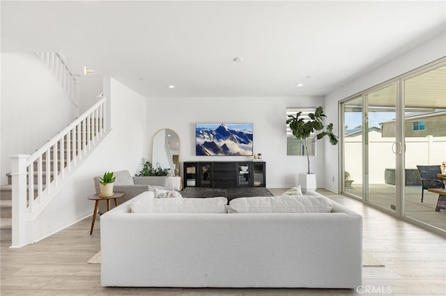 32886 Birchall Ct, Winchester, CA 92596 - living area with stairs, light wood-type flooring, and recessed lighting