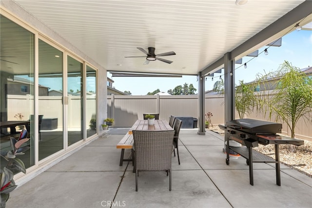 32886 Birchall Ct, Winchester, CA 92596 - fenced backyard with outdoor dining area, a patio area, ceiling fan, and grilling area