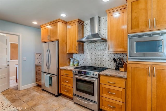 923 Farroll Ave, Arroyo Grande, CA 93420 - kitchen with stainless steel appliances, wall chimney range hood, tasteful backsplash, recessed lighting, and light tile patterned floors