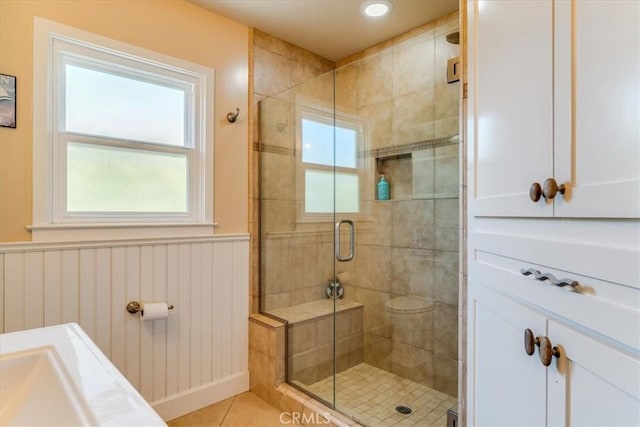 923 Farroll Ave, Arroyo Grande, CA 93420 - full bath featuring a wainscoted wall, a stall shower, vanity, and tile patterned flooring