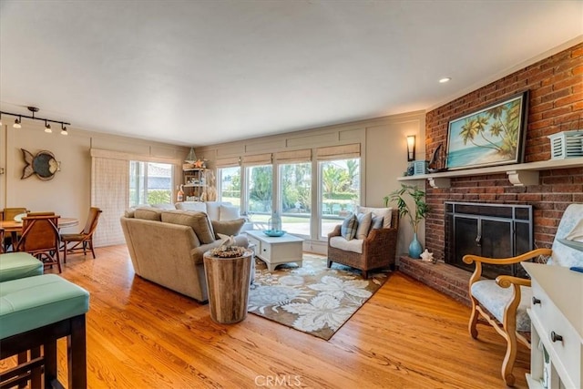 923 Farroll Ave, Arroyo Grande, CA 93420 - living room featuring light wood finished floors, a fireplace, and rail lighting