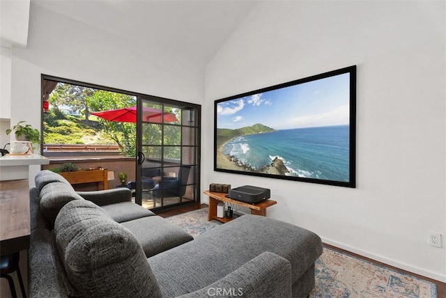 1046 Calle Del Cerro Unit 408, San Clemente, CA 92672 - home theater with wood finished floors and high vaulted ceiling