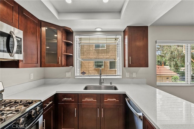 17910 River Cir Unit 5, Canyon Country, CA 91387 - kitchen with appliances with stainless steel finishes, light countertops, glass insert cabinets, a raised ceiling, and open shelves