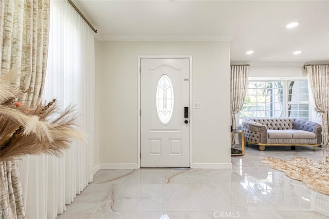 11063 White Oak Ave, Granada Hills, CA 91344 - entryway featuring marble tiled floors, ornamental molding, and recessed lighting