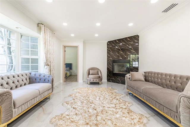 11063 White Oak Ave, Granada Hills, CA 91344 - living room with recessed lighting, crown molding, a fireplace, and marble tiled flooring