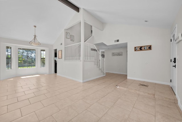 1161 Senwood Way, Fallbrook, CA 92028 - unfurnished living room with high vaulted ceiling, beamed ceiling, light tile patterned flooring, and stairway