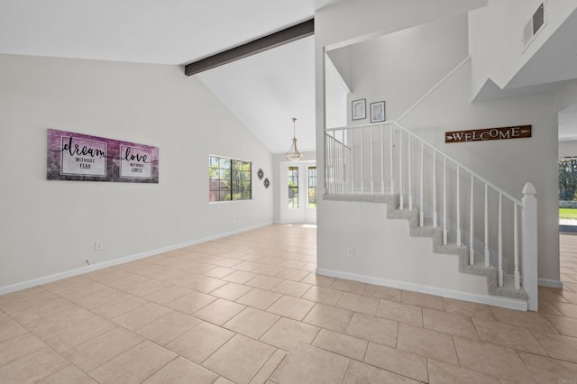 1161 Senwood Way, Fallbrook, CA 92028 - stairs with beamed ceiling, tile patterned flooring, and high vaulted ceiling