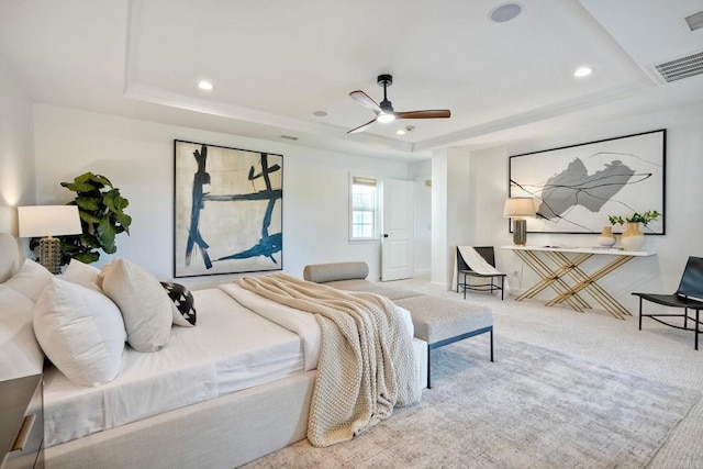 14317 Salida Del Sol, San Diego, CA 92127 - bedroom featuring a raised ceiling, carpet flooring, recessed lighting, and ceiling fan
