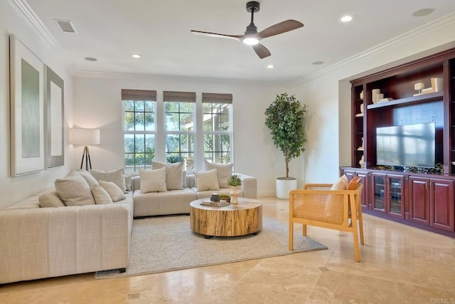 14317 Salida Del Sol, San Diego, CA 92127 - living room featuring ceiling fan, crown molding, and recessed lighting