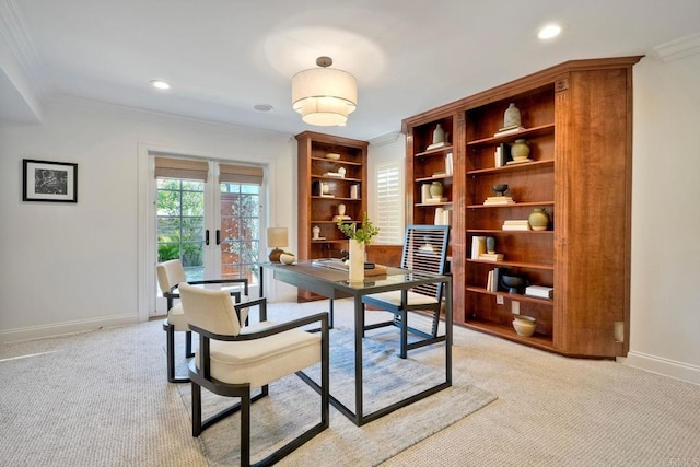 14317 Salida Del Sol, San Diego, CA 92127 - dining space featuring crown molding, an office area, light carpet, and recessed lighting