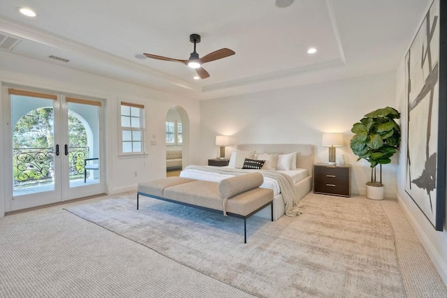 14317 Salida Del Sol, San Diego, CA 92127 - bedroom with access to exterior, light colored carpet, a raised ceiling, recessed lighting, and french doors