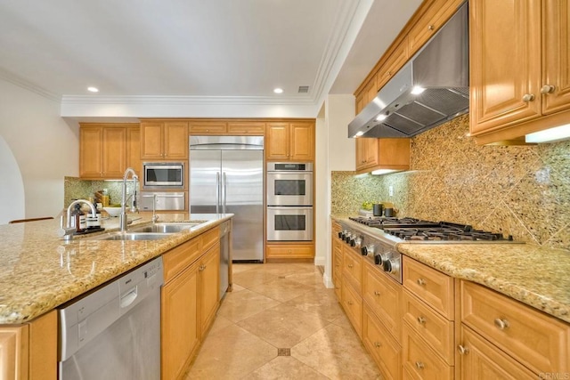 14317 Salida Del Sol, San Diego, CA 92127 - kitchen with built in appliances, exhaust hood, crown molding, light stone countertops, and tasteful backsplash
