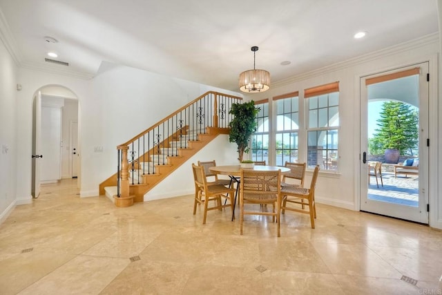 14317 Salida Del Sol, San Diego, CA 92127 - dining room featuring crown molding, arched walkways, a chandelier, stairs, and recessed lighting
