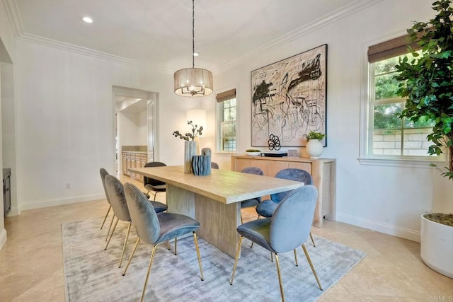 14317 Salida Del Sol, San Diego, CA 92127 - dining area with crown molding, a chandelier, recessed lighting, and light tile patterned flooring