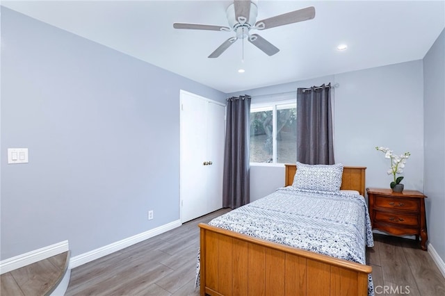 2350 Oak Park Rd, Glendora, CA 91741 - bedroom featuring light wood-style flooring, recessed lighting, and a ceiling fan
