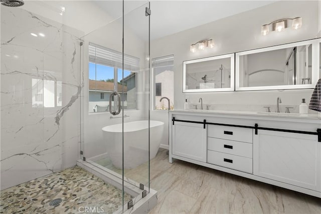 401 Lupine Way, Oceanside, CA 92057 - full bathroom with a marble finish shower, double vanity, a freestanding bath, and marble finish floors