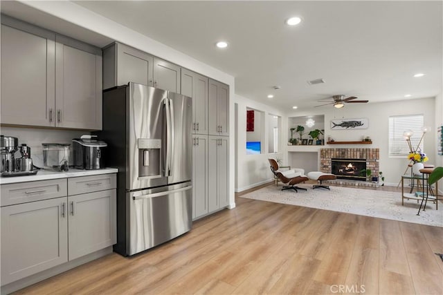 401 Lupine Way, Oceanside, CA 92057 - kitchen featuring stainless steel fridge, gray cabinets, a ceiling fan, light wood-type flooring, and recessed lighting