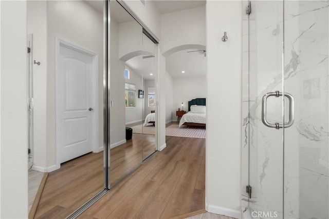 401 Lupine Way, Oceanside, CA 92057 - bathroom with ensuite bath, a marble finish shower, wood finished floors, and recessed lighting