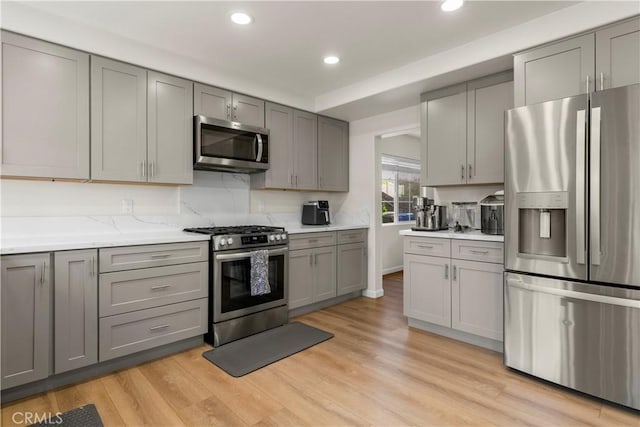 401 Lupine Way, Oceanside, CA 92057 - kitchen featuring appliances with stainless steel finishes, gray cabinetry, recessed lighting, and light wood-style flooring