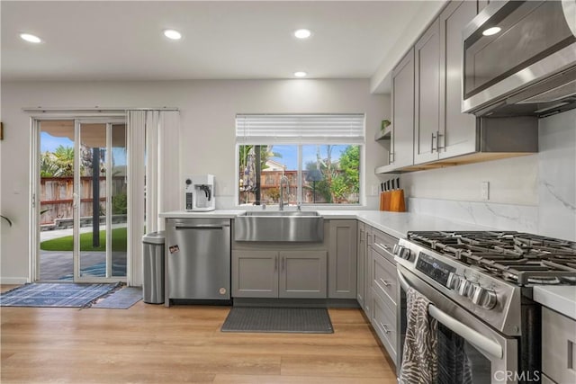 401 Lupine Way, Oceanside, CA 92057 - kitchen featuring appliances with stainless steel finishes, gray cabinets, recessed lighting, light countertops, and light wood-type flooring