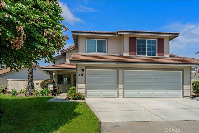 401 Lupine Way, Oceanside, CA 92057 - view of front of house with concrete driveway, a garage, a tiled roof, and a front yard
