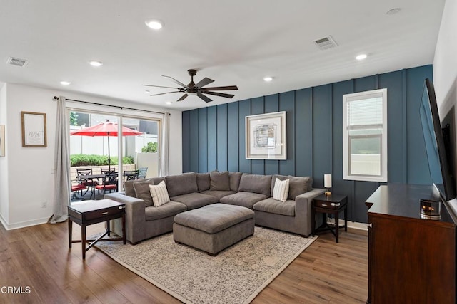 1979 Tangelo Way, Santa Paula, CA 93060 - living room with wood finished floors, a ceiling fan, recessed lighting, and a decorative wall