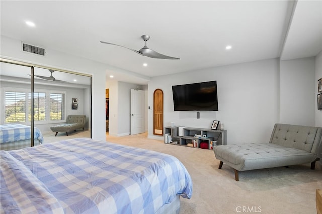 1579 Via Parque, Thousand Oaks, CA 91360 - bedroom with light carpet, recessed lighting, and a ceiling fan