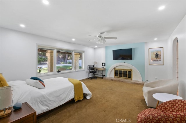 1579 Via Parque, Thousand Oaks, CA 91360 - carpeted bedroom featuring recessed lighting, a glass covered fireplace, and ceiling fan