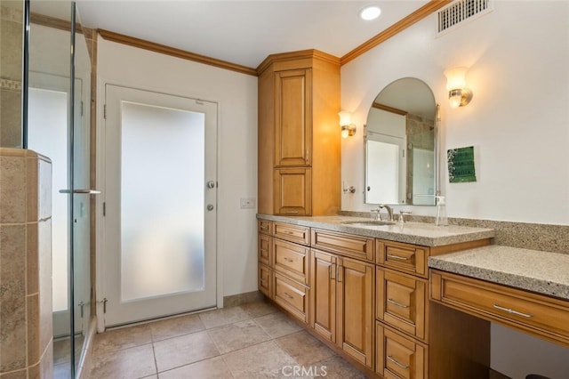 1579 Via Parque, Thousand Oaks, CA 91360 - full bathroom featuring vanity, crown molding, tile patterned floors, and a shower with door