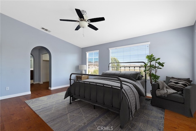 32522 Safflower St, Winchester, CA 92596 - bedroom featuring vaulted ceiling, arched walkways, wood finished floors, and ceiling fan
