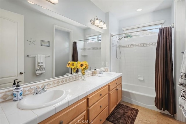 29160 Harmony Way, Saugus, CA 91390 - bathroom featuring plenty of natural light, double vanity, shower / bath combination with curtain, and tile patterned floors