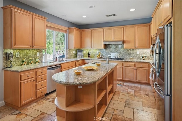 29160 Harmony Way, Saugus, CA 91390 - kitchen with appliances with stainless steel finishes, open shelves, stone tile floors, under cabinet range hood, and decorative backsplash