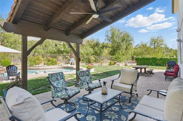 29160 Harmony Way, Saugus, CA 91390 - fenced backyard with an outdoor hangout area, ceiling fan, and a patio